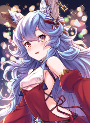 Rule 34 | 1girl, :d, alternate costume, blue hair, blurry, blurry background, blush, breasts, brown eyes, commentary request, depth of field, detached sleeves, dress, ear piercing, erune, ferry (granblue fantasy), ferry (santa minidress) (granblue fantasy), granblue fantasy, hair between eyes, highres, juliet sleeves, long hair, long sleeves, looking at viewer, open mouth, piercing, puffy sleeves, red dress, red sleeves, sleeveless, sleeveless dress, small breasts, smile, solo, tomo (tmtm mf mf), upper body, very long hair
