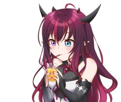 Rule 34 | 1girl, absurdres, bare shoulders, blue eyes, blush, bridal gauntlets, cup, drawing straws, drinking, drinking glass, fangs, fingernails, heterochromia, highres, holding, holding cup, hololive, hololive english, horns, irys (hololive), irys (irys 1.0) (hololive), jan azure, looking at object, multicolored hair, multiple horns, nail polish, purple eyes, red eyes, red nails, sleeveless, solo, transparent background, virtual youtuber