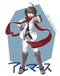 Rule 34 | 1boy, ahoge, almaz von almadine adamant, black hair, blue background, boots, brown eyes, character name, clenched hand, clenched hands, disgaea, fingerless gloves, full body, gloves, hand on own hip, jacket, knee boots, makai senki disgaea 3, male focus, pants, scarf, smile, solo, standing, twitter username, yu (kaburimono ex)