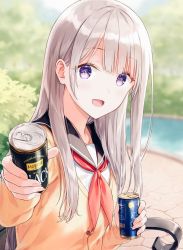 Rule 34 | 1girl, :d, bad id, bad pixiv id, bench, can, drink, duplicate, grey hair, hiten (hitenkei), holding, holding can, long hair, looking at viewer, neckerchief, open mouth, original, outdoors, park, park bench, plant, purple eyes, red neckerchief, school uniform, sitting, smile, solo, sweater, third-party source, water