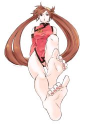 Rule 34 | 1girl, barefoot, breasts, brown eyes, brown hair, china dress, chinese clothes, detached sleeves, dress, feet, guilty gear, hair ornament, highres, kuradoberi jam, long hair, looking at viewer, medium breasts, open mouth, simple background, solo, toutoumi, very long hair, white background