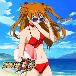 Rule 34 | 1girl, ball, beach, bikini, blue eyes, blue sky, breasts, brown hair, cleavage, floating hair, highres, lips, logo, long hair, medium breasts, navel, neon genesis evangelion, ocean, official art, open mouth, red bikini, side-tie bikini bottom, sky, smile, solo, souryuu asuka langley, standing, sunglasses, sunglasses on head, sunlight, super robot wars, super robot wars dd, swimsuit, thighs, twintails, two side up, water