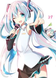 Rule 34 | 1girl, 39, ;d, a.a (aa772), bad id, bad pixiv id, bare shoulders, black skirt, black thighhighs, blouse, blue eyes, blue hair, blue nails, blush, chibi, commentary request, detached sleeves, fingernails, hachune miku, hair ornament, hatsune miku, holding, holding microphone, long hair, long sleeves, looking at viewer, microphone, nail polish, o o, one eye closed, open mouth, pleated skirt, pointing, pointing at viewer, shirt, simple background, skirt, sleeveless, sleeveless shirt, smile, spring onion, thighhighs, twintails, very long hair, vocaloid, white background, white shirt
