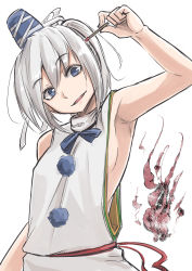 Rule 34 | 1girl, adapted costume, arm at side, arm up, armpits, baketsuya, bare arms, bare shoulders, blue eyes, breasts, eyebrows, fire, hat, head tilt, highres, holding, japanese clothes, kariginu, looking at viewer, matches, mononobe no futo, no bra, parted lips, pom pom (clothes), ponytail, sideboob, silver hair, simple background, sleeveless, small breasts, smile, solo, tate eboshi, touhou, upper body, white background