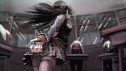 Rule 34 | 1girl, 23el, 2others, arms behind back, bad id, bad pixiv id, black hair, black jacket, black skirt, blazer, blurry, braid, breasts, cellphone, classroom, commentary request, crown braid, depth of field, facing away, from behind, hand on own arm, highres, holding, holding phone, indoors, jacket, large breasts, long hair, long sleeves, multiple others, nijisanji, phone, plaid, plaid skirt, pleated skirt, school uniform, skirt, smartphone, solo focus, table, thighhighs, tsukino mito, tsukino mito (1st costume), virtual youtuber, walking, white thighhighs, zettai ryouiki