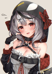 Rule 34 | 1girl, :d, animal hood, bare shoulders, belt, black belt, black collar, blush, bow, breasts, cleavage, collar, fang, hair ornament, heart, highres, hololive, holox, hood, hood up, izumi kei, large breasts, looking at viewer, medium hair, nail polish, off shoulder, open mouth, orca hood, plaid, plaid bow, red bow, red eyes, sakamata chloe, sakamata chloe (1st costume), smile, solo, upper body, virtual youtuber, x hair ornament