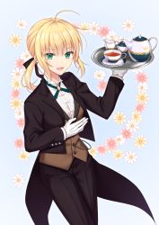 Rule 34 | 1girl, :d, ahoge, alternate costume, artoria pendragon (all), artoria pendragon (fate), black jacket, black pants, black ribbon, blonde hair, blue background, butler, cup, daisy, dress shirt, fate/stay night, fate (series), female butler, flower, formal, gloves, green eyes, green ribbon, hair between eyes, hair ribbon, holding, holding plate, jacket, long hair, looking at viewer, neck ribbon, open clothes, open jacket, open mouth, pants, pink flower, plate, ponytail, ribbon, saber (fate), shino skk, shirt, sidelocks, smile, solo, teacup, teapot, white flower, white gloves, white shirt