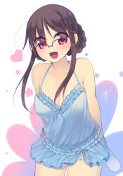 Rule 34 | 1girl, arima senne, breasts, brown hair, chemise, cleavage, covered erect nipples, female focus, glasses, gradient background, heart, highres, kashiwamochi yomogi, lingerie, open mouth, original, panties, red eyes, see-through, solo, underwear, white background