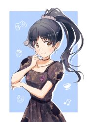 Rule 34 | 1girl, birthday, black dress, black hair, blue background, border, collar, collarbone, commentary, controller, cup, dress, food, fruit, game controller, hazuki ren, high ponytail, highres, horseshoe, jungle zzz, long hair, looking at viewer, love live!, love live! superstar!!, musical note, ponytail, short sleeves, strawberry, teacup, upper body, white border, yellow eyes