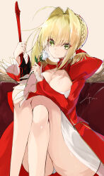 Rule 34 | 1girl, absurdres, ass, blonde hair, blush, braid, braided bun, breasts, cleavage, closed mouth, collarbone, commentary request, crossed legs, dated, dress, epaulettes, eyes visible through hair, fate/extra, fate (series), feet out of frame, flower, fringe trim, green eyes, hair between eyes, hair bun, hair intakes, high collar, highres, holding, holding flower, knees up, large breasts, legs, long sleeves, looking at viewer, nero claudius (fate), nero claudius (fate) (all), nero claudius (fate/extra), panties, partial commentary, red dress, short hair, signature, single hair bun, sitting, smile, solo, sword, underwear, weapon, white flower, white panties, yonagi white