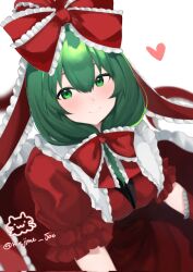 Rule 34 | 1girl, bow, closed mouth, dress, frilled bow, frilled ribbon, frilled sleeves, frills, front ponytail, green eyes, green hair, hair between eyes, hair bow, hair ribbon, heart, highres, kagiyama hina, long hair, majime joe, red bow, red dress, red ribbon, ribbon, short sleeves, signature, simple background, smile, solo, touhou, twitter username, white background