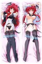 Rule 34 | 1girl, black panties, blush, boots, bra, bra lift, breasts, censored, dakimakura (medium), demon girl, embodiment of scarlet devil, female focus, garter belt, head wings, koakuma, lace, lace-trimmed legwear, lace panties, lace trim, large breasts, lingerie, long hair, multiple views, nipple slip, nipples, open clothes, open shirt, outstretched arm, outstretched hand, panties, panties around leg, pointy ears, reaching, red hair, sample watermark, shirt, sweat, tail, thigh boots, thigh gap, thighhighs, thighs, touhou, underwear, watermark, wings, yamu (reverse noise), yellow eyes