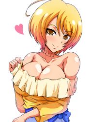 Rule 34 | 10s, 1girl, ahoge, aokura shou, bare shoulders, blonde hair, breasts, brown eyes, cleavage, cure etoile, female focus, heart, highres, hugtto! precure, jewelry, kagayaki homare, large breasts, looking at viewer, necklace, precure, short hair, smile, solo, undressing, upper body
