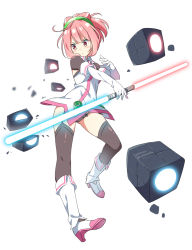 Rule 34 | 1girl, beat saber, blush, boots, breasts, brown panties, brown thighhighs, chinese commentary, closed mouth, commentary request, dress, elbow gloves, energy sword, garter straps, gloves, hacka doll, hacka doll 2, hatsunatsu, high heel boots, high heels, high ponytail, highres, holding, holding weapon, lightsaber, looking away, looking to the side, panties, pink hair, ponytail, red eyes, sidelocks, simple background, sleeveless, sleeveless dress, small breasts, solo, sword, thighhighs, twitter username, underwear, v-shaped eyebrows, weapon, white background, white dress, white footwear, white gloves