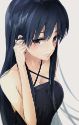 Rule 34 | 1girl, bare arms, bare shoulders, black hair, blue eyes, blush, breasts, camisole, collarbone, criss-cross halter, tucking hair, halterneck, long hair, looking at viewer, looking to the side, mole, mole under eye, original, solo, tama (05728), upper body