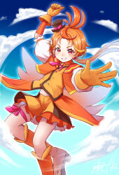 Rule 34 | 1boy, boots, commentary, cure wing, earrings, gloves, grin, hat, hirogaru sky! precure, jewelry, magical boy, male focus, midriff, mini hat, mini top hat, orange eyes, orange footwear, orange gloves, orange hair, orange shorts, ponytail, precure, puffy short sleeves, puffy sleeves, short sleeves, shorts, smile, solo, top hat, wjfy4545