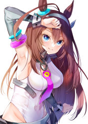 Rule 34 | 1girl, absurdres, animal ears, blue eyes, breasts, brown hair, closed mouth, commentary request, covered navel, hair between eyes, highres, horse ears, horse girl, long hair, looking at viewer, mihono bourbon (umamusume), simple background, smile, solo, umamusume, white background, yoshida iyo