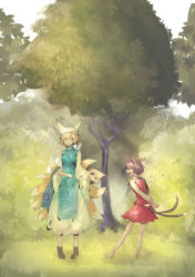 Rule 34 | 2girls, animal ears, bad id, bad pixiv id, barefoot, blonde hair, blush, boots, breasts, brown hair, cat ears, cat tail, chen, earrings, closed eyes, forest, fox ears, fox tail, grass, hat, highres, jewelry, long sleeves, medium breasts, multiple girls, multiple tails, nature, no headwear, no headwear, open mouth, ribbon, rwk (hykleriske), short hair, skirt, smile, tabard, tail, touhou, tree, vest, wide sleeves, yakumo ran, yellow eyes