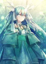 Rule 34 | 1girl, blue eyes, blurry, blurry background, celesteela, creatures (company), day, game freak, gen 7 pokemon, green kimono, hair between eyes, hair ribbon, highres, japanese clothes, kimono, long hair, looking at viewer, moe (hamhamham), nintendo, outdoors, personification, pokemon, ribbon, smile, solo, standing, thick eyebrows, ultra beast, very long hair, white ribbon