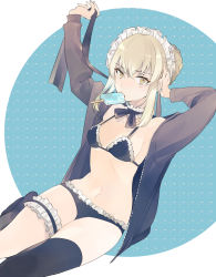 Rule 34 | 1girl, arms up, artoria pendragon (all), artoria pendragon (fate), asymmetrical legwear, bare shoulders, bikini, black bikini, black jacket, black thighhighs, blonde hair, blue background, braid, breasts, bridal garter, eating, fate/grand order, fate (series), food, frilled bikini, frills, hair bun, headdress, invisible chair, jacket, legs together, looking at viewer, lowe (slow), maid, maid bikini, maid headdress, medium breasts, mismatched legwear, mouth hold, navel, off shoulder, open clothes, open jacket, popsicle, saber alter, sidelocks, single hair bun, single thighhigh, sitting, solo, swimsuit, thighhighs, tying hair, unconventional maid, uneven legwear, yellow eyes