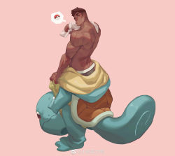 Rule 34 | 1boy, absurdres, animal costume, back, bara, black male underwear, cosplay, creatures (company), dark-skinned male, dark skin, from behind, full body, game freak, gen 1 pokemon, highres, looking at viewer, male focus, male underwear, male underwear peek, muscular, muscular male, nintendo, original, pink background, poke ball, pokemon, pouty lips, short hair, sideburns, solo, squirtle, squirtle (cosplay), topless male, towel, towel around neck, underwear, xiaolumiaoliya