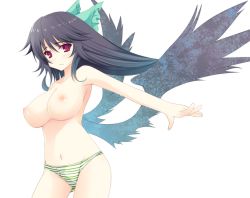 Rule 34 | 1girl, black hair, blush, bow, breasts, female focus, frown, hair bow, kusano (torisukerabasu), large breasts, long hair, navel, nipples, outstretched arm, panties, panties only, red eyes, reiuji utsuho, solo, striped clothes, striped panties, third eye, topless, touhou, transparent background, underwear, underwear only, wings