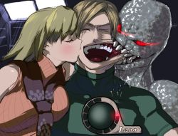 Rule 34 | 1boy, 1girl, ashley graham, biting, blonde hair, blush, breasts, cheek biting, creepy, eating, face stretch, heads-up display, health bar, hetero, horror (theme), kiss, kissing cheek, large breasts, leon s. kennedy, mogeru, moggel, monster, open mouth, pain, red eyes, regenerator, resident evil, resident evil 4, sandwiched, scarf, smile, teeth, what, you gonna get raped