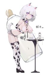 Rule 34 | 1girl, absurdres, animal ears, animal print, bikini, bottle, grabbing another&#039;s breast, breasts, cat ears, covered erect nipples, cow print, cup, eiroyi, eyebrows hidden by hair, grabbing, grabbing own breast, grey hair, hair between eyes, highres, lactating into container, lactation, looking at viewer, milk, milk bottle, nipples, open mouth, original, projectile lactation, purple eyes, short hair, smile, solo, swimsuit, thighhighs