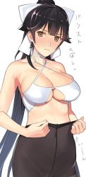 Rule 34 | &gt;:(, 1girl, armpits, azur lane, bare arms, bare shoulders, bikini, bikini top only, black hair, black pantyhose, blunt bangs, blush, breasts, brown eyes, closed mouth, clothing cutout, collarbone, criss-cross halter, crotch seam, embarrassed, frown, hair ribbon, halterneck, high ponytail, large breasts, long hair, mibu natsuki, navel, nose blush, pantyhose, ponytail, ribbon, simple background, skindentation, solo, stomach, sweat, swimsuit, takao (azur lane), tearing up, tears, translation request, underboob, underboob cutout, v-shaped eyebrows, very long hair, white background, white bikini, white ribbon