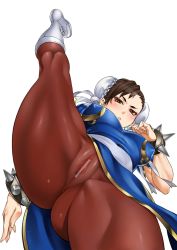Rule 34 | 1girl, anus, bad id, bad pixiv id, bracelet, breasts, brown hair, capcom, censored, chun-li, covered erect nipples, highres, jewelry, large breasts, leg lift, looking at viewer, looking down, no panties, pantyhose, pelvic curtain, pointless censoring, pussy, sash, simple background, solo, spiked bracelet, spikes, split, standing, standing on one leg, street fighter, white background, zonda (solid air)