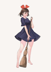 Rule 34 | 1girl, barefoot, black dress, bobobong, bow, broom, brown eyes, brown hair, contrapposto, dress, hair bow, hairband, highres, holding, holding broom, kiki (majo no takkyuubin), lipstick, looking at viewer, majo no takkyuubin, makeup, red bow, red hairband, short hair, short sleeves, simple background, solo, white background
