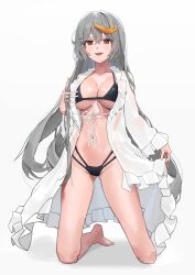 Rule 34 | 1girl, absurdres, artist request, barefoot, bathrobe, bikini, black bikini, breasts, brown eyes, cleavage, commission, empress (last origin), grey hair, highres, kneeling, large breasts, last origin, long hair, long sleeves, looking at viewer, multi-strapped bikini, multicolored hair, navel, open clothes, open mouth, open robe, robe, second-party source, simple background, smile, solo, stomach, streaked hair, string bikini, swimsuit, thighs, very long hair, white background