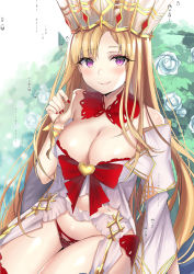 Rule 34 | 1girl, absurdres, bare shoulders, blush, bracelet, breasts, cleavage, collar, crown, dress, europa (fate), fate/grand order, fate (series), flower, highres, jewelry, large breasts, long hair, looking at viewer, panties, purple eyes, rain, red collar, red panties, rose, smile, solo, thighs, underwear, white dress, white flower, white rose, yufou