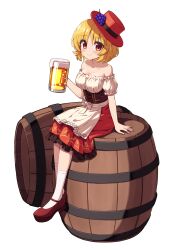 Rule 34 | 1girl, absurdres, aki minoriko, alcohol, alternate costume, beer, beer mug, blonde hair, blush, breasts, cleavage, closed mouth, collarbone, cup, hat, highres, hiyaya (kochi michikaze), holding, holding cup, large breasts, mug, red eyes, red footwear, red hat, red skirt, shirt, shoes, short hair, short sleeves, skirt, smile, socks, solo, touhou, transparent background, white shirt, white socks