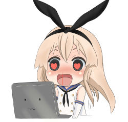Rule 34 | 10s, 1girl, :3, :d, bad id, bad pixiv id, blonde hair, blood, blush, chibi, computer, full-face blush, gloves, hairband, happy, heart, heart-shaped pupils, kantai collection, laptop, long hair, nosebleed, notebook, objectification, open mouth, rensouhou-chan, shimakaze (kancolle), simple background, smile, solo, symbol-shaped pupils, white background, white gloves, yuumachi