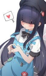 Rule 34 | 1girl, alternate costume, apron, beret, black hair, blue archive, blush, breasts, closed mouth, commentary request, hair ornament, hat, heart, highres, hime cut, justice task force member (blue archive), looking at viewer, red eyes, simple background, small breasts, solo, spoken heart, sweat, white background, yucblossom