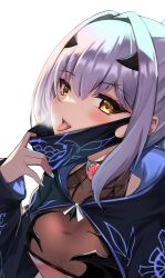 Rule 34 | 1girl, absurdres, bikini, black bikini, black jacket, breasts, cropped jacket, fate/grand order, fate (series), forked eyebrows, high ponytail, highres, jacket, long hair, long sleeves, looking at viewer, mask, melusine (fate), melusine (swimsuit ruler) (fate), melusine (swimsuit ruler) (first ascension) (fate), mouth mask, nail polish, open mouth, shibakame, shrug (clothing), sidelocks, small breasts, solo, swimsuit, tongue, tongue out, white hair, yellow eyes