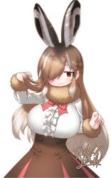 Rule 34 | 1girl, :3, animal ears, breasts, brown hair, brown skirt, rabbit ears, center frills, commentary request, dated, european hare (kemono friends), extra ears, frills, fur-trimmed sleeves, fur collar, fur trim, hair over one eye, hand in own hair, hand up, high-waist skirt, highres, kemono friends, large breasts, long hair, long sleeves, looking at viewer, multicolored hair, red eyes, red neckwear, shirt, signature, simple background, skirt, smile, solo, very long hair, white background, white hair, white shirt, yoshida hideyuki