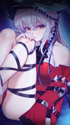 Rule 34 | 1girl, absurdres, arknights, bare legs, bare shoulders, black ribbon, blue background, blue headwear, feet out of frame, hair between eyes, highres, knees up, leg ribbon, long hair, long sleeves, looking at viewer, nail polish, official alternate costume, red eyes, red nails, ribbon, silver hair, sitting, skadi (arknights), skadi the corrupting heart (arknights), solo, taozechi momoakai, thighs