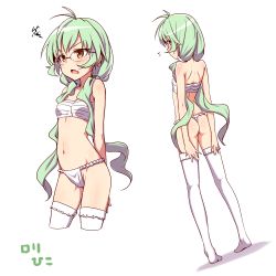 Rule 34 | 1girl, antenna hair, ass, back, blush, bobby socks, breasts, character request, clearite, copyright request, cropped legs, fang, flying sweatdrops, fundoshi, glasses, green hair, hands on thighs, japanese clothes, long hair, looking back, low twintails, multiple views, navel, no shoes, open mouth, petite, sarashi, simple background, small breasts, socks, squiggle, thighhighs, thighs, tongue, turnaround, twintails, very long hair, white background, white thighhighs, yellow eyes