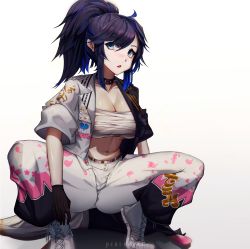 Rule 34 | 1girl, absurdres, black hair, blue eyes, breasts, cleavage, collar, derederu, gloves, highres, indie virtual youtuber, kson, large breasts, midriff, open clothes, ponytail, sarashi, solo, spiked collar, spikes, squatting, virtual youtuber