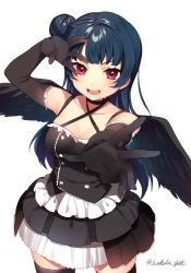 Rule 34 | 10s, 1girl, black thighhighs, black wings, blue hair, breasts, buttons, cowboy shot, criss-cross halter, double-breasted, dress, elbow gloves, feathered wings, foreshortening, gloves, hair bun, half updo, halterneck, ichinose yukino, layered skirt, long hair, looking at viewer, love live!, love live! school idol festival, love live! sunshine!!, open mouth, outstretched arm, outstretched hand, purple eyes, reaching, reaching towards viewer, side bun, simple background, single hair bun, single side bun, skirt, sleeveless, smile, solo, thighhighs, tsushima yoshiko, twitter username, white background, wings, zettai ryouiki