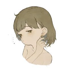 Rule 34 | ..., 1girl, artist name, bandaid on ear, brown eyes, brown hair, closed mouth, collarbone, colored inner hair, cropped shoulders, cropped torso, grey hair, hair behind ear, hand up, hatoba tsugu, jippu (45fun), light blush, looking at viewer, looking to the side, medium hair, mole, mole under eye, multicolored hair, nude, portrait, simple background, solo, tsugu (vtuber), virtual youtuber, white background