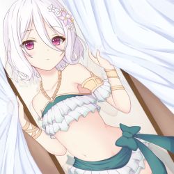 Rule 34 | 1girl, bare shoulders, bikini, blush, bow, closed mouth, collarbone, commentary request, cowboy shot, curtain grab, curtains, detached sleeves, dutch angle, fitting room, flower, frown, green bow, hair between eyes, hair flower, hair ornament, halterneck, hands up, highres, kokkoro (princess connect!), looking at viewer, medium hair, mizuha (len-k-t), navel, pink eyes, pointy ears, princess connect!, sidelocks, solo, stomach, swimsuit, tareme, waist bow, white bikini, white hair