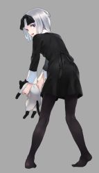 Rule 34 | 1girl, animal, black dress, black pantyhose, black ribbon, cat, commentary request, dress, from behind, full body, grey background, hair ribbon, holding, holding animal, holding cat, leaning forward, long sleeves, looking at viewer, looking back, no shoes, open mouth, original, pantyhose, purple eyes, ribbon, short hair, silver hair, simple background, solo, standing, teeth, urayamashiro (artist)