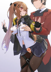 Rule 34 | 1boy, 1girl, absurdres, armband, arms up, bar censor, black hair, black jacket, grabbing another&#039;s breast, brown hair, censored, commander (girls&#039; frontline), commentary request, commission, fingerless gloves, girls&#039; frontline, gloves, grabbing, grabbing from behind, griffin &amp; kryuger military uniform, hair ribbon, highres, jacket, military, military uniform, necktie, pantyhose, penis, pleated skirt, red eyes, ribbon, ringobatake, scar, scar across eye, scar on face, shirt, short hair, skeb commission, skirt, thigh sex, thigh strap, twintails, ump9 (girls&#039; frontline), uniform, white shirt