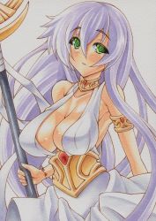 Rule 34 | 1girl, accessories, breasts, cleavage, corset, dress, green eyes, jewelry, kido saori, large breasts, long hair, lots of jewelry, mechanical pencil, millipen (medium), pencil, purple hair, saint seiya, simple background, solo, staff, traditional media, uneven eyes, white background, yutakasan-love