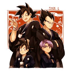 Rule 34 | 2014, 4boys, ;d, black eyes, black hair, crossed arms, dragon ball, dragonball z, father and son, hand on own hip, japanese clothes, looking at viewer, male focus, multiple boys, neko ni chikyuu, one eye closed, open mouth, purple hair, red background, salute, short hair, simple background, smile, son goku, son goten, spiked hair, trunks (dragon ball), vegeta, white background
