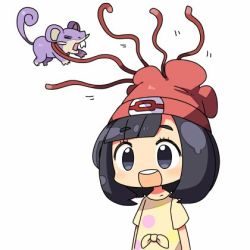 Rule 34 | 10s, 1girl, :d, beanie, black hair, blunt bangs, blush, closed eyes, creatures (company), game freak, gen 1 pokemon, hat, kanikama, lowres, motion lines, nintendo, open mouth, pokemon, pokemon (creature), pokemon sm, rattata, red hat, restrained, round teeth, sea anemone, selene (pokemon), shirt, short sleeves, simple background, smile, teeth, tentacles, white background, wince, yellow shirt