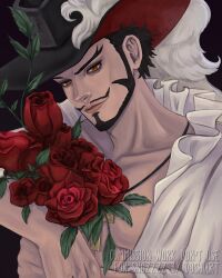 Rule 34 | 1boy, absurdres, black hair, black headwear, bouquet, clip studio paint (medium), commission, doshiart, dracule mihawk, facial hair, flower, forked eyebrows, frilled shirt, frills, goatee, hat feather, highres, holding, holding bouquet, light smile, looking at viewer, male focus, muscular, muscular male, mustache, one piece, open clothes, orange eyes, red flower, red rose, rose, shirt, short hair, sideburns, upper body, white shirt